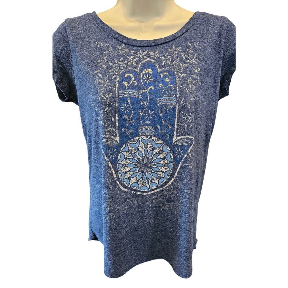 LUCKY BRAND T-SHIRT SHORT SLEEVE SCOOP NECK BLUE HIPPIE BOHO HAND geo TOP S